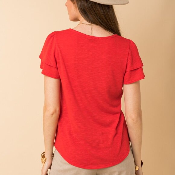GILLI Red Flutter Sleeve Top – Short Sleeve Layered Ruffle Detail - Picture 2 of 5
